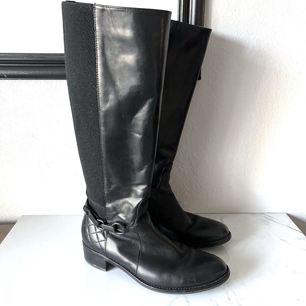 Aquatalia Oralie Women's Black Leather Quilted Knee High Boots Buckle Size 7